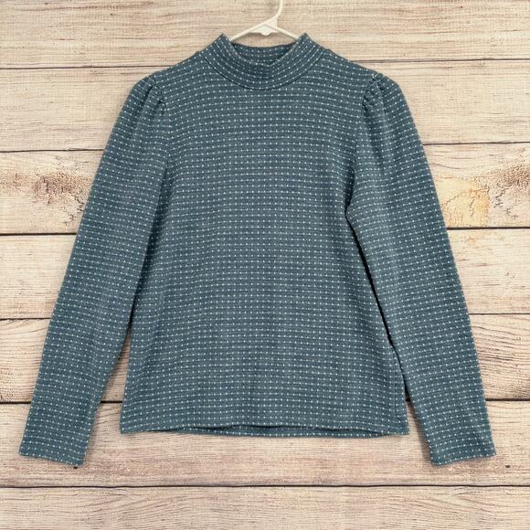 Madewell Jacquard Puff-Sleeve Mockneck Top Womens Small Blue White - Picture 1 of 10